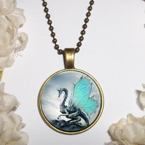 Dragon Necklace Pendant Charm Bronze and Blue Ball Chain Unisex Style Goth C468